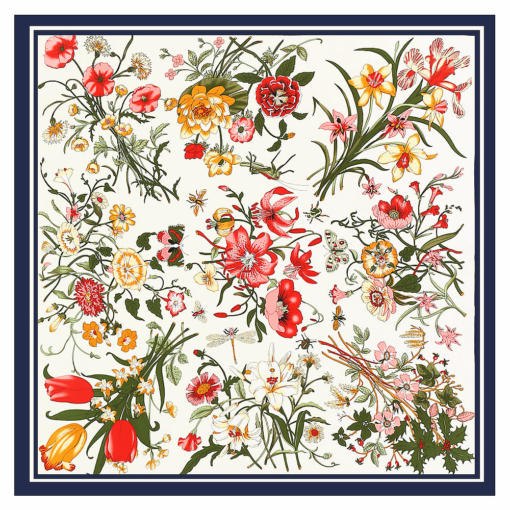 100% Silk Twill Floral Square Scarf 51" x 51" Cream Botanical Print
