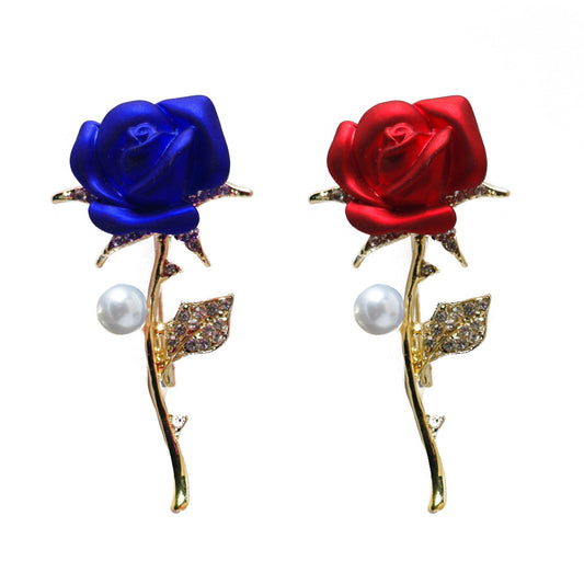 2-Piece Red and Blue Rose Brooch Set with Faux Pearls