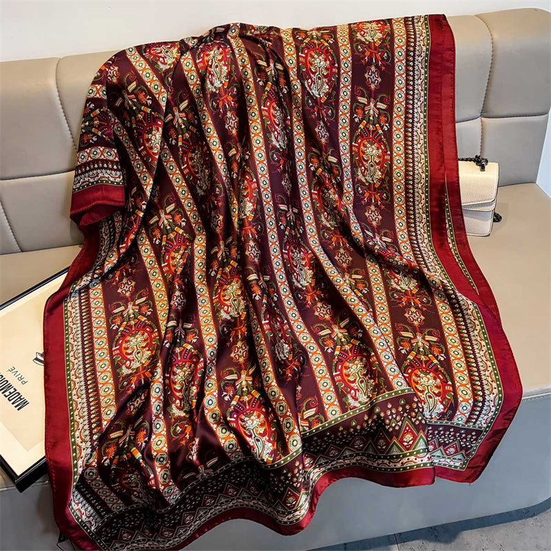 Baroque Paisley Print Silk-Feel Long Scarf | Navy & Burgundy Wrap
