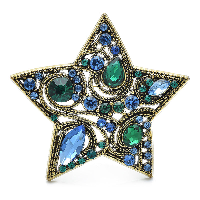 Vintage Crystal Star Brooch Pin | Blue & Green Rhinestone Statement Lapel Pin