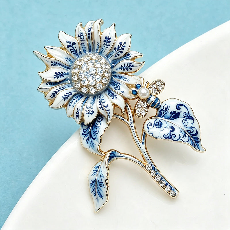 Blue Porcelain Sunflower & Bee Brooch