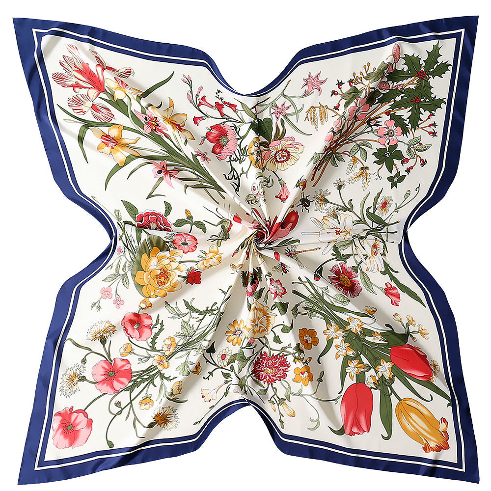 100% Silk Twill Floral Square Scarf 51" x 51" Cream Botanical Print