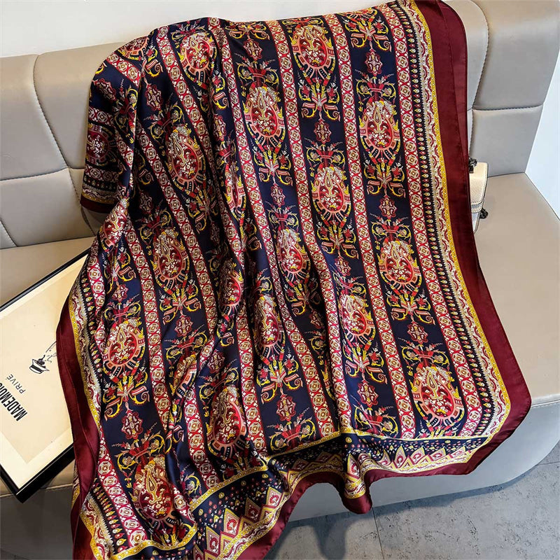 Baroque Paisley Print Silk-Feel Long Scarf | Navy & Burgundy Wrap