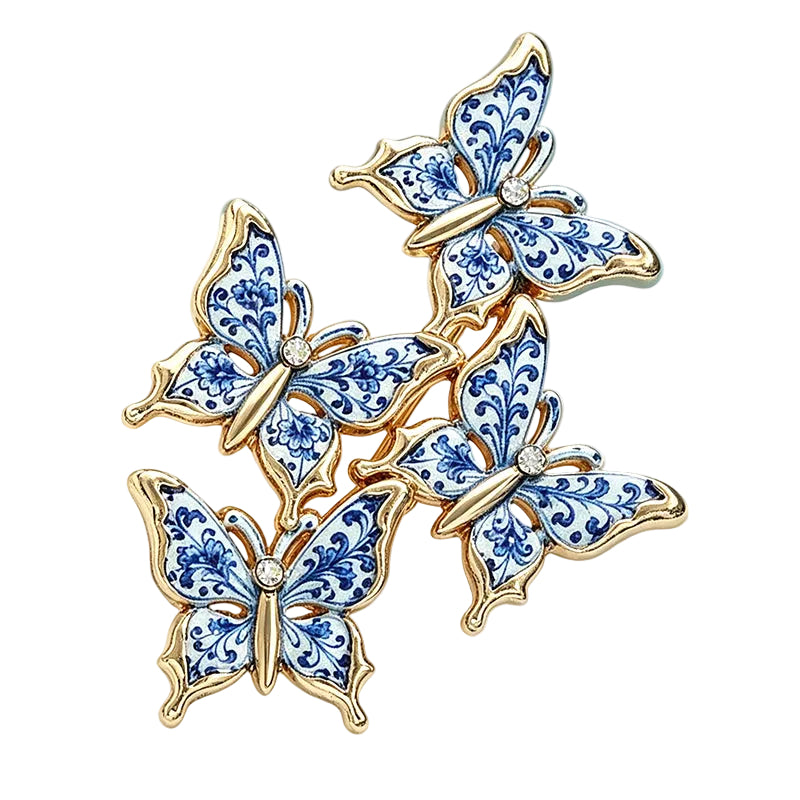 Blue and White Porcelain Style Butterfly Cluster Brooch Gold Tone Enamel Pin