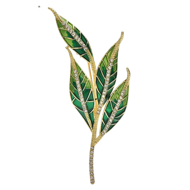 Emerald Green Leaf Branch Brooch with Crystal Rhinestone Accents