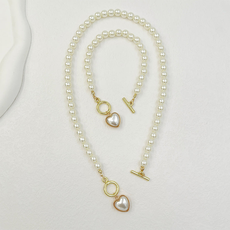 Pearl Heart Pendant Necklace & Bracelet Set