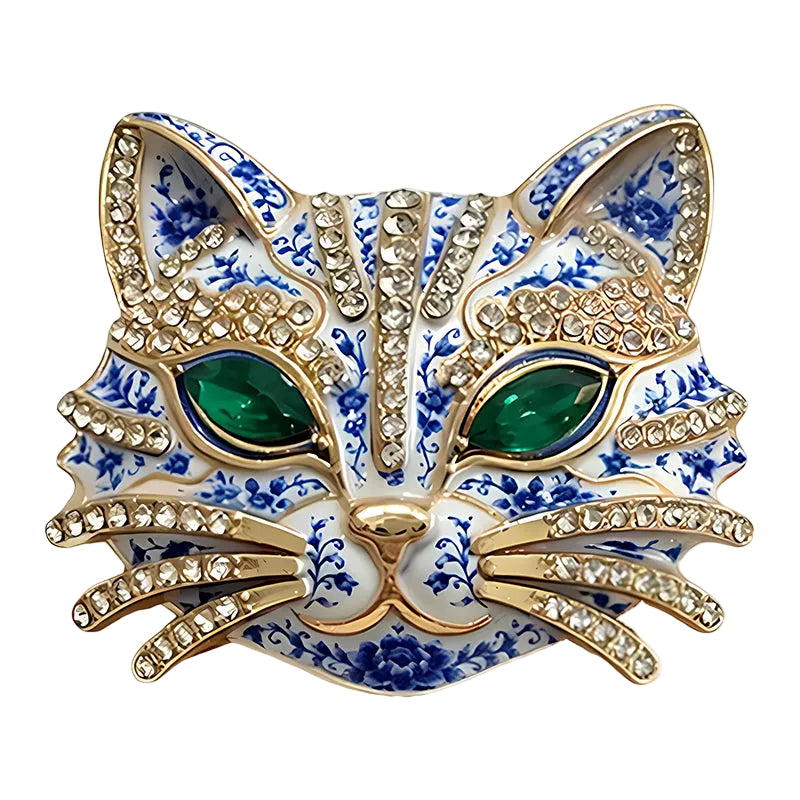 4 Piece Blue & White Porcelain Cat Brooch Pin Set | Rhinestone Gold Tone