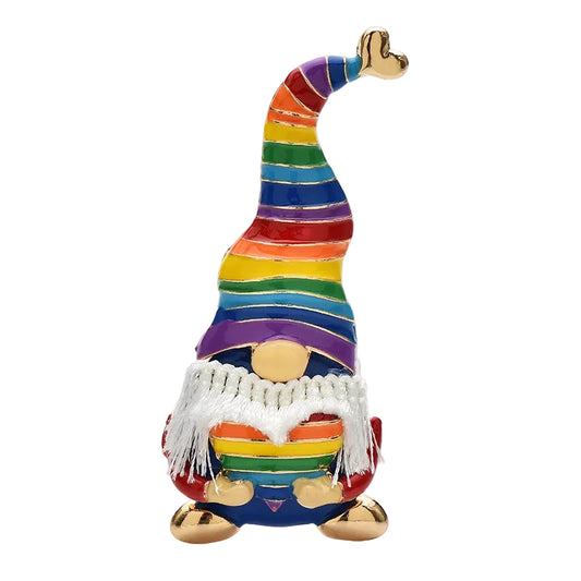 Rainbow Striped Gnome Brooch with Gold Heart