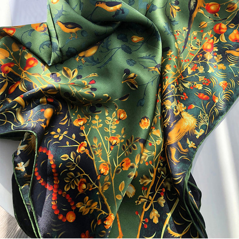 Green Botanical Wildlife Print Silk-Feel Scarf 70" x 35"