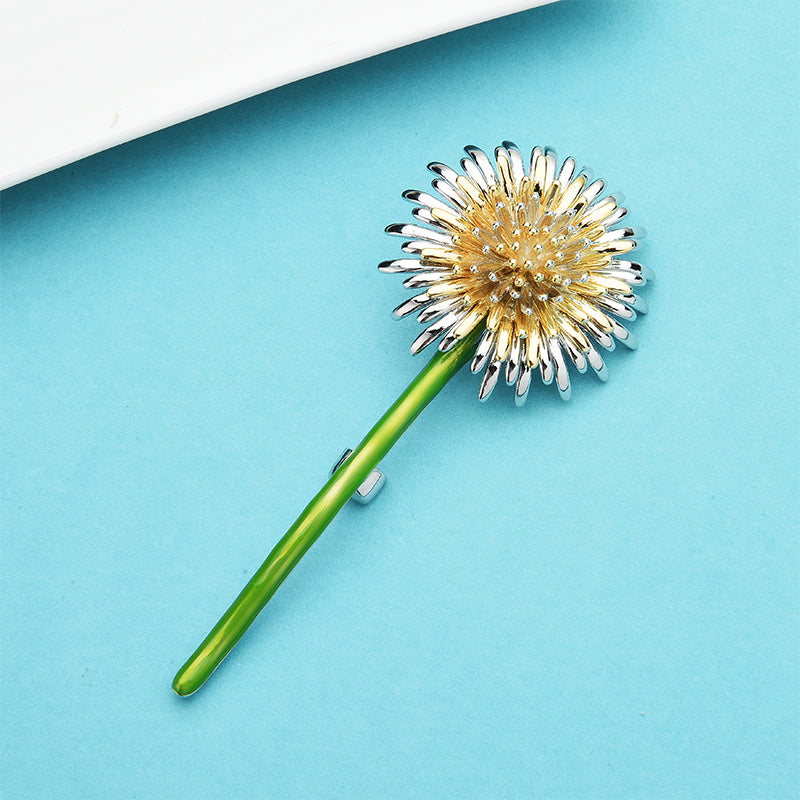 Dandelion Flower Brooch with Green Enamel Stem