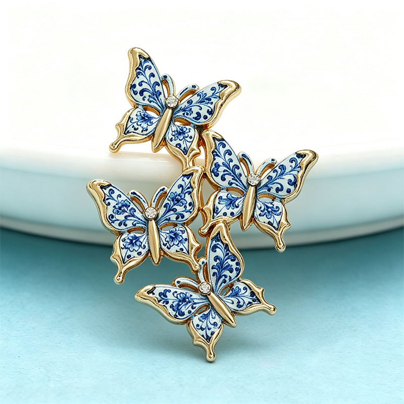 Blue and White Porcelain Style Butterfly Cluster Brooch Gold Tone Enamel Pin