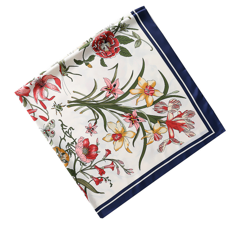100% Silk Twill Floral Square Scarf 51" x 51" Cream Botanical Print