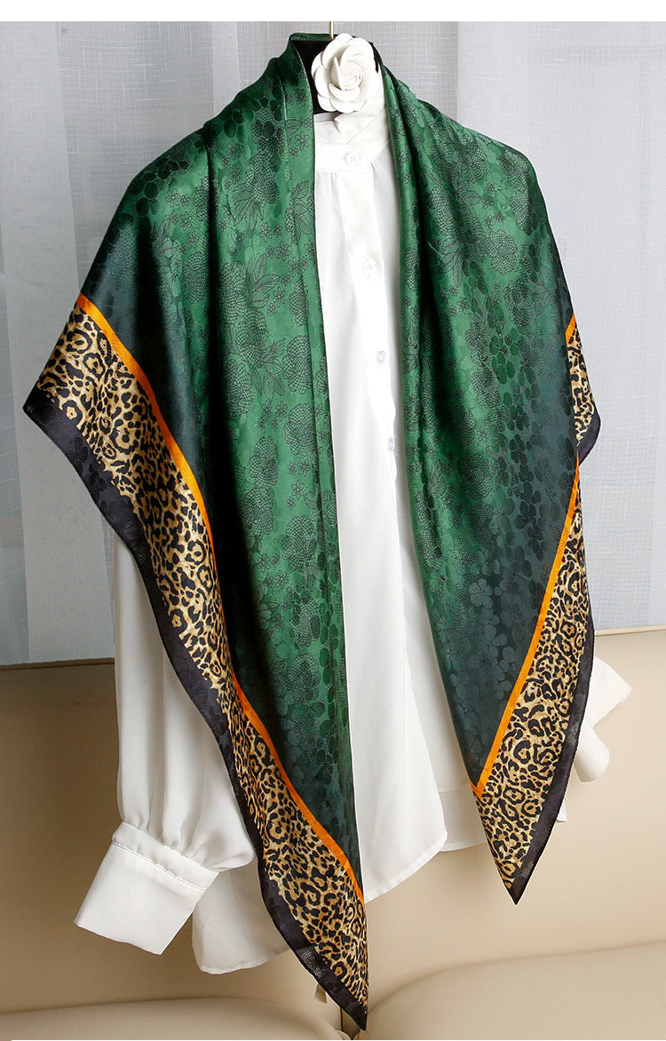 Emerald Green Floral & Leopard Border Silk-Feel Square Scarf