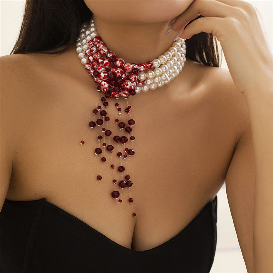 Red and White Beaded Statement Necklace