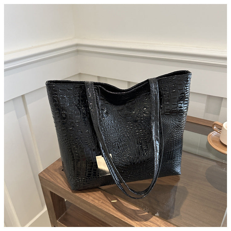 Black Croc-Embossed Glossy Tote Bag | Large Shoulder Handbag for Women