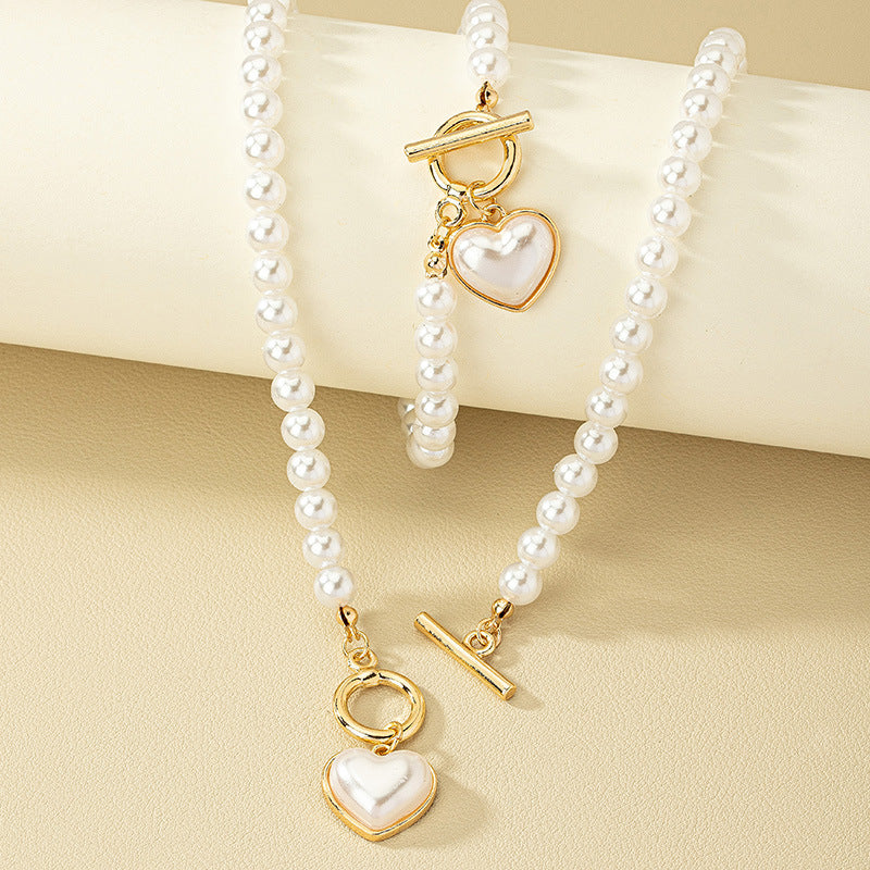 Pearl Heart Pendant Necklace & Bracelet Set
