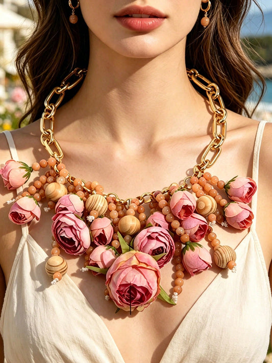 Rose Flower Statement Necklace Floral Chunky Gold Chain Jewelry