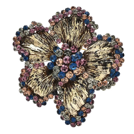 Vintage Gold Tone Crystal Flower Brooch Multicolor Rhinestone Statement Pin