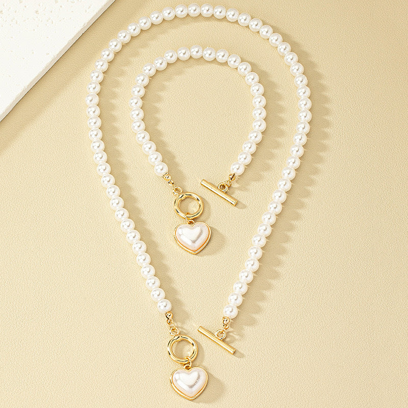Pearl Heart Pendant Necklace & Bracelet Set