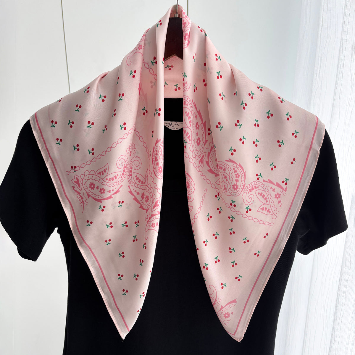 Cherry Paisley Silk-Feel Square Scarf in Blush Pink