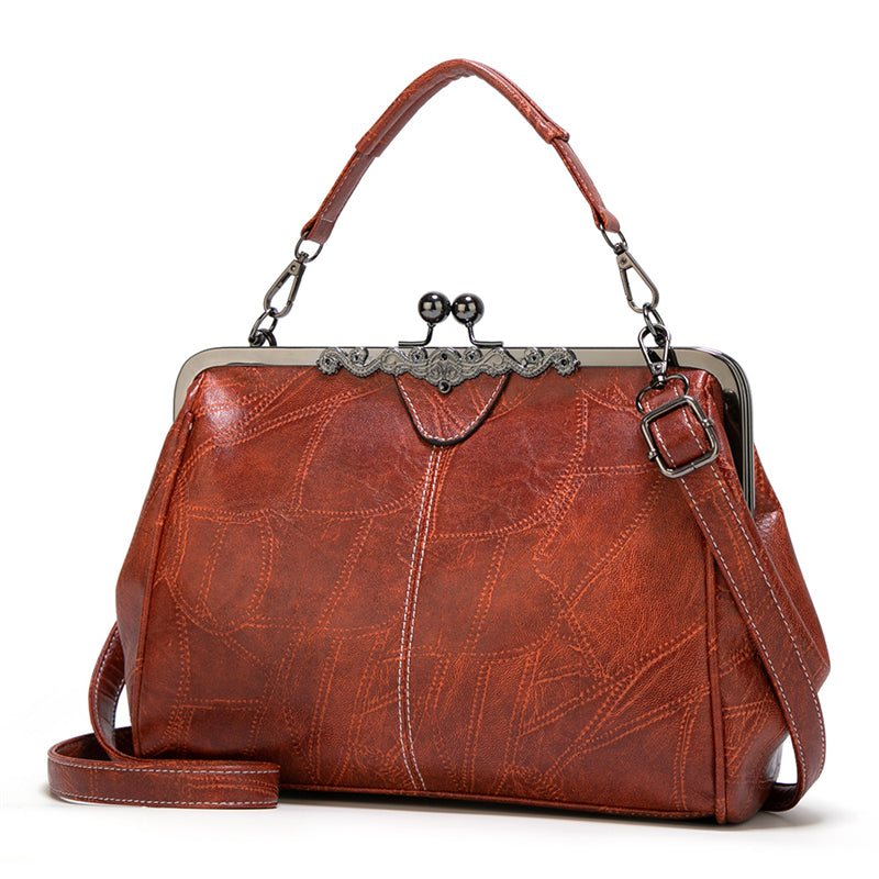 Vintage Kiss-Lock Crossbody Bag – Embossed Vegan Leather, 11" x 9"