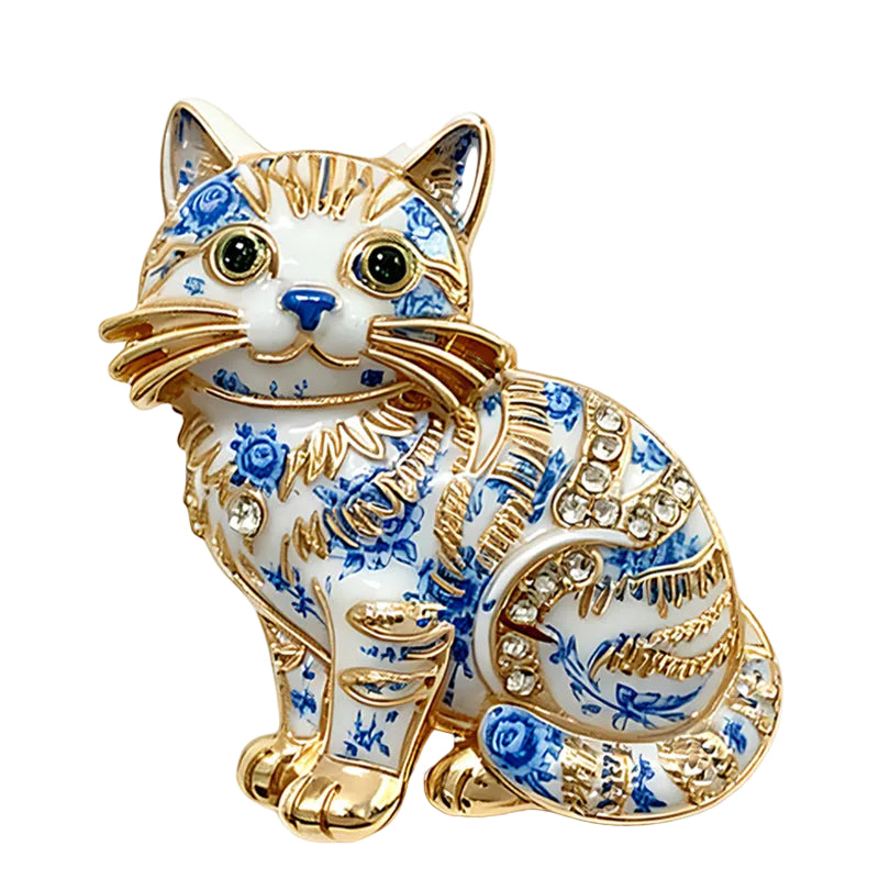 4 Piece Blue & White Porcelain Cat Brooch Pin Set | Rhinestone Gold Tone
