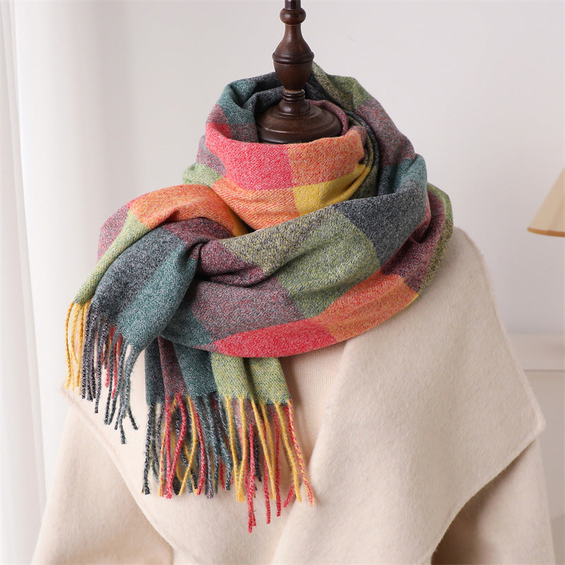 Rainbow Plaid Tassel Scarf – Colorblock Wrap Shawl