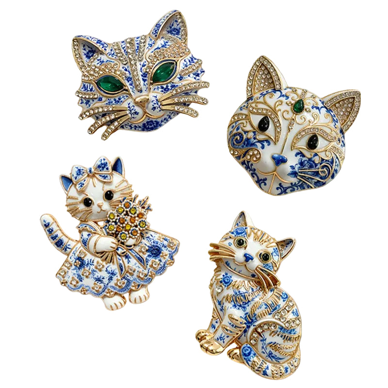 4 Piece Blue & White Porcelain Cat Brooch Pin Set | Rhinestone Gold Tone