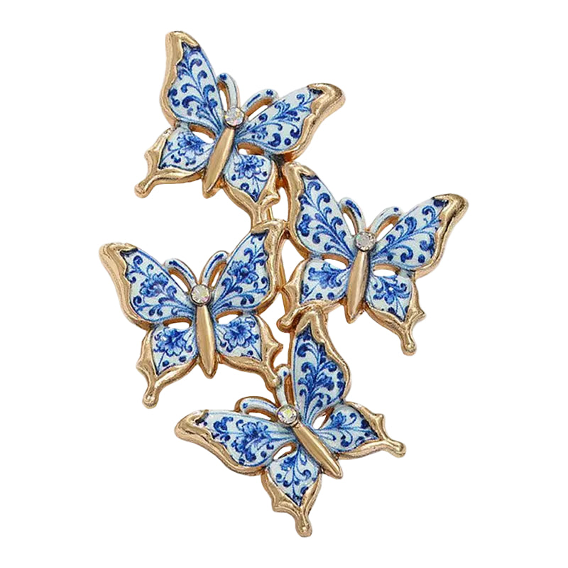 Blue and White Porcelain Style Butterfly Cluster Brooch Gold Tone Enamel Pin
