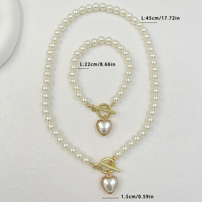 Pearl Heart Pendant Necklace & Bracelet Set