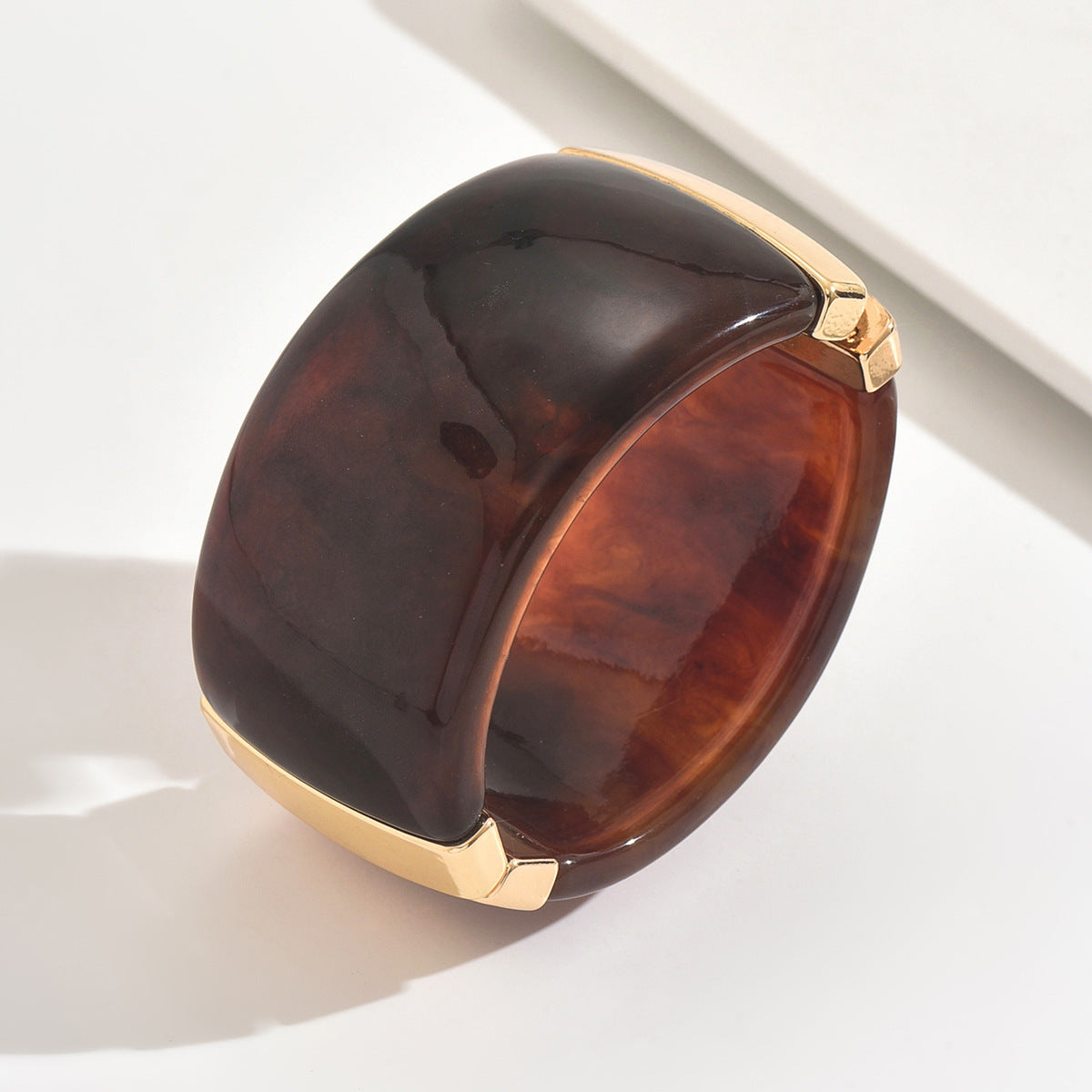 Wide Brown Bangle Bracelet with Gold-Tone Accents