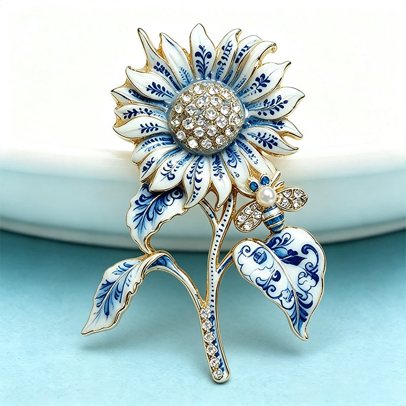 Blue Porcelain Sunflower & Bee Brooch