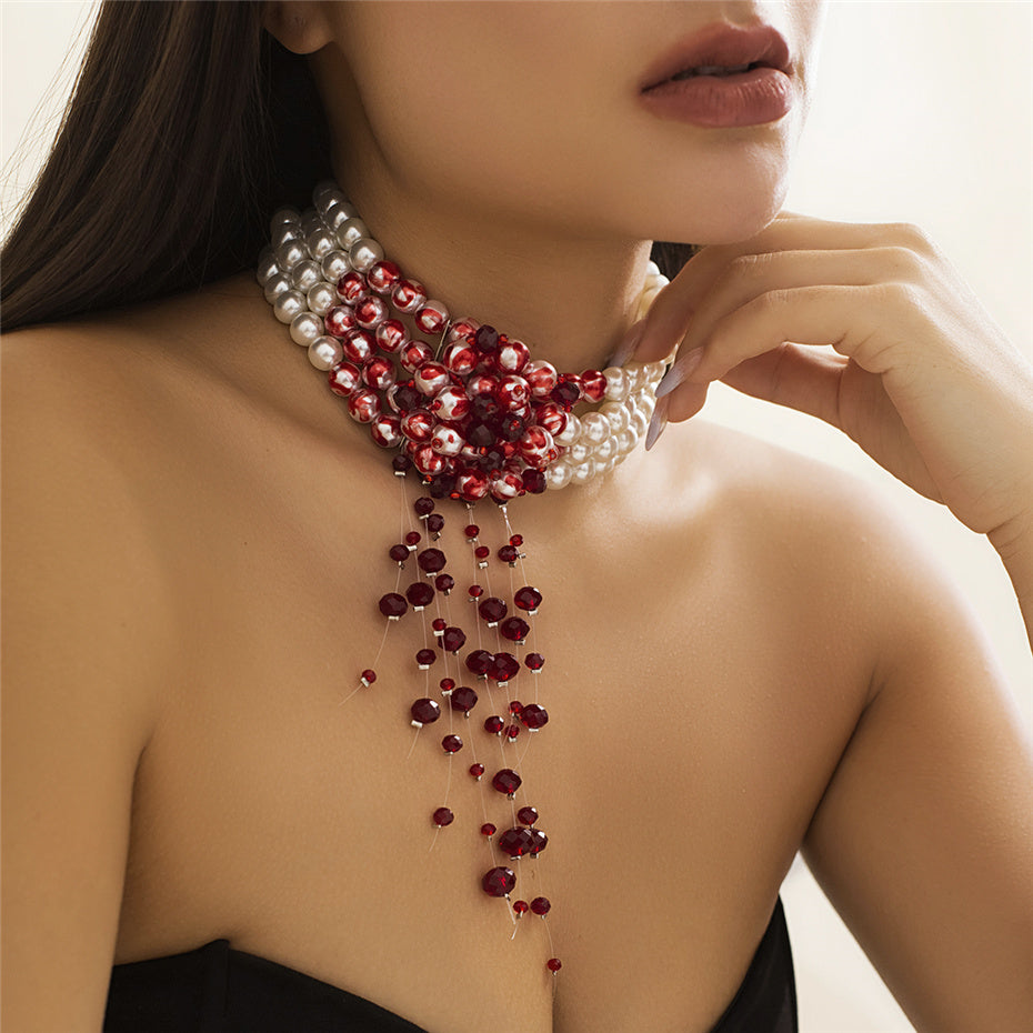 Red and White Beaded Statement Necklace