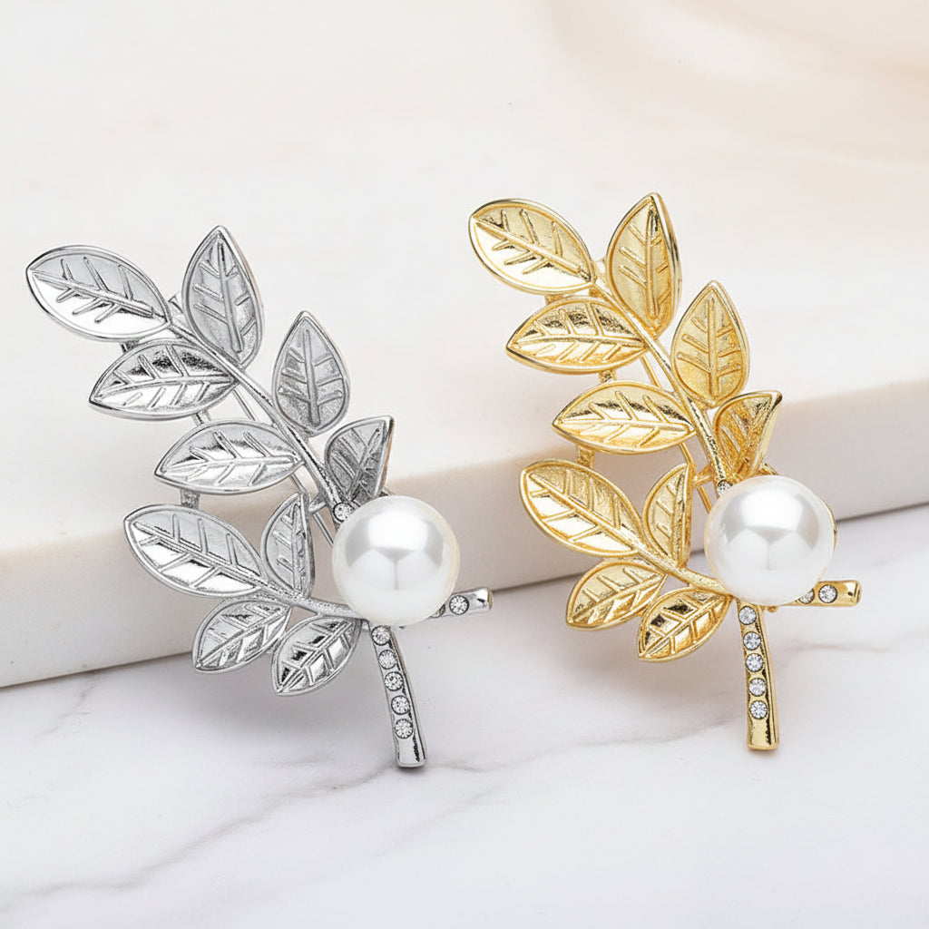 Leaf Pearl Brooch Pin | Rhinestone Botanical Lapel Pin