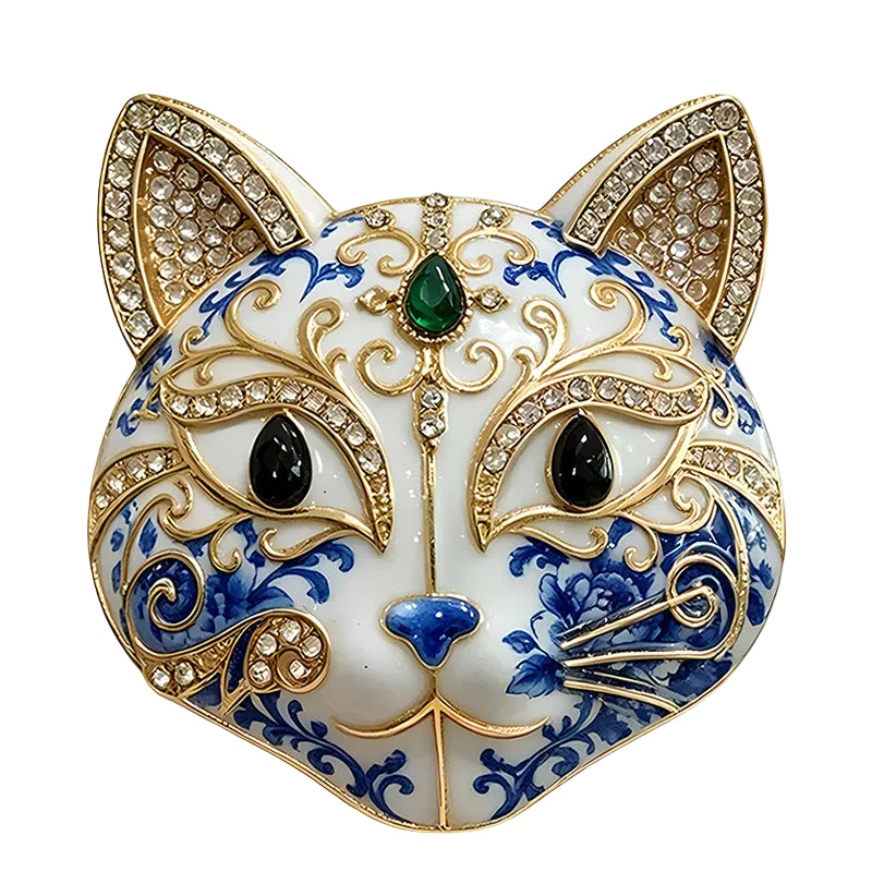 4 Piece Blue & White Porcelain Cat Brooch Pin Set | Rhinestone Gold Tone
