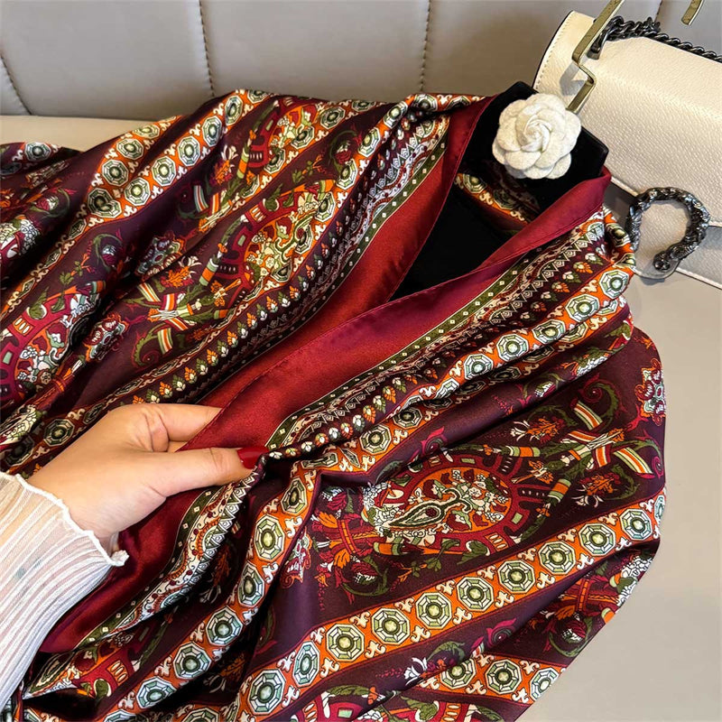 Baroque Paisley Print Silk-Feel Long Scarf | Navy & Burgundy Wrap