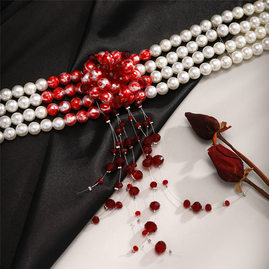 Red and White Beaded Statement Necklace