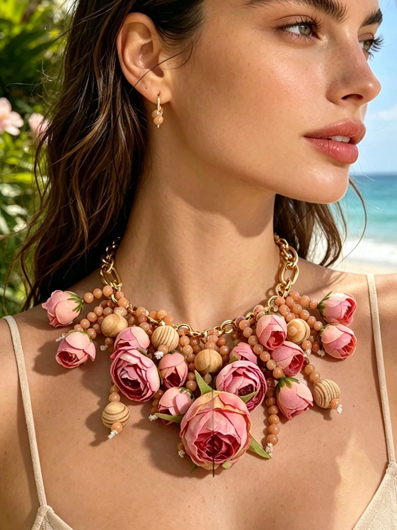 Rose Flower Statement Necklace Floral Chunky Gold Chain Jewelry