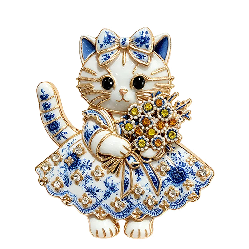 4 Piece Blue & White Porcelain Cat Brooch Pin Set | Rhinestone Gold Tone