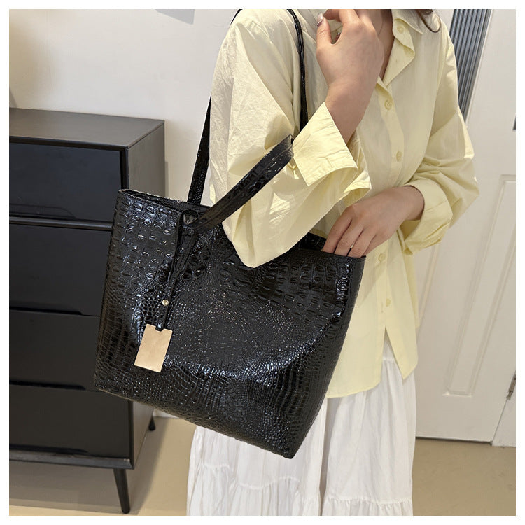 Black Croc-Embossed Glossy Tote Bag | Large Shoulder Handbag for Women