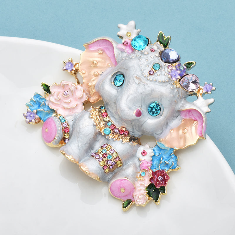Whimsical Elephant Enamel Rhinestone Statement Brooch Pin