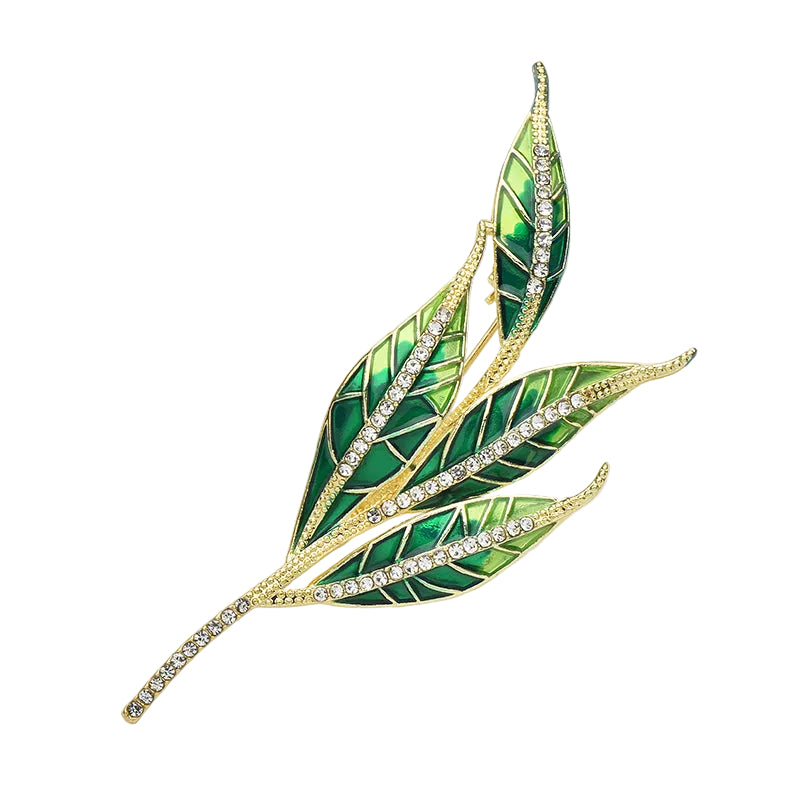Emerald Green Leaf Branch Brooch with Crystal Rhinestone Accents
