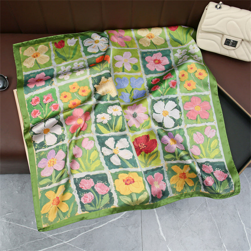 Floral Garden Silk-Feel Square Scarf | Women's Satin Bandana Wrap 27" x 27"