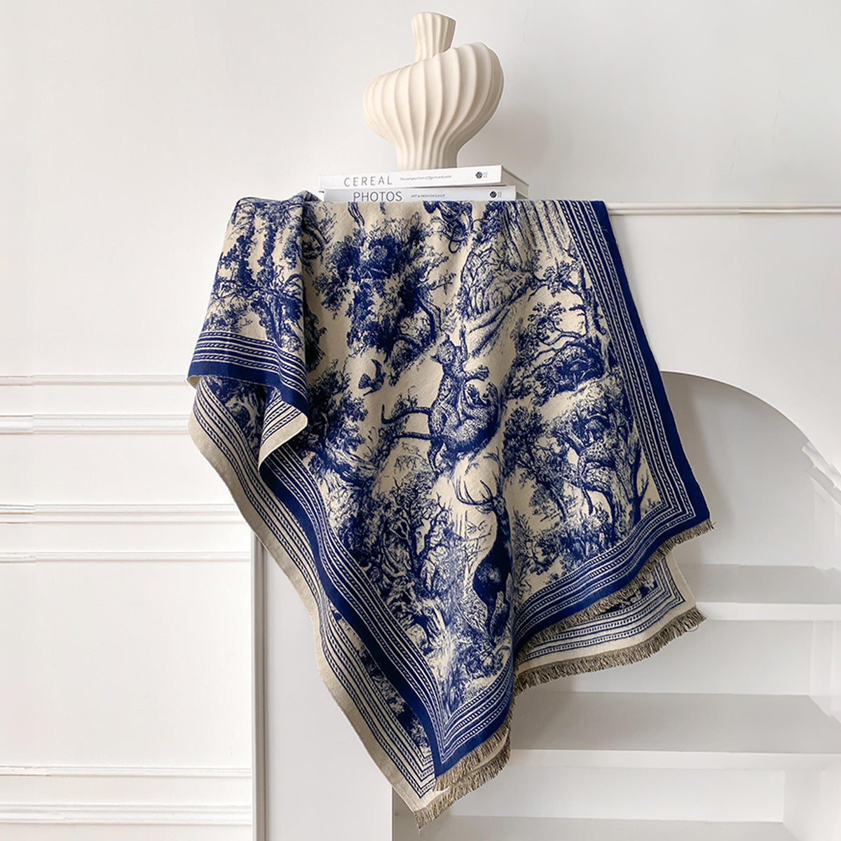 Navy & Ivory Toile Cashmere-Feel Scarf Wrap