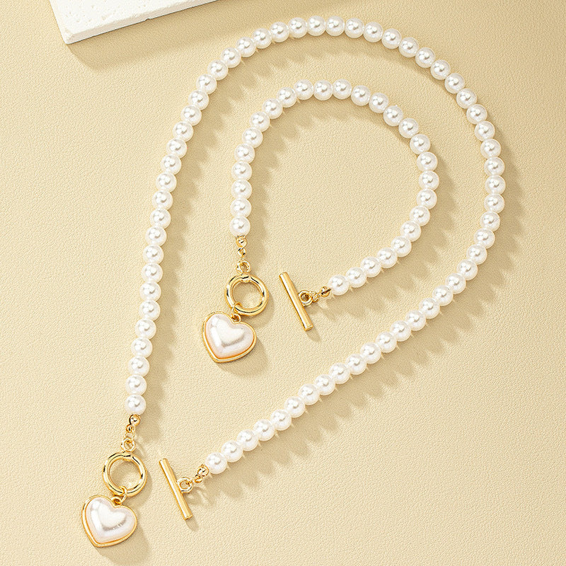 Pearl Heart Pendant Necklace & Bracelet Set