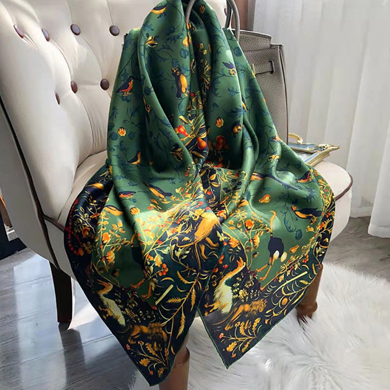 Green Botanical Wildlife Print Silk-Feel Scarf 70" x 35"
