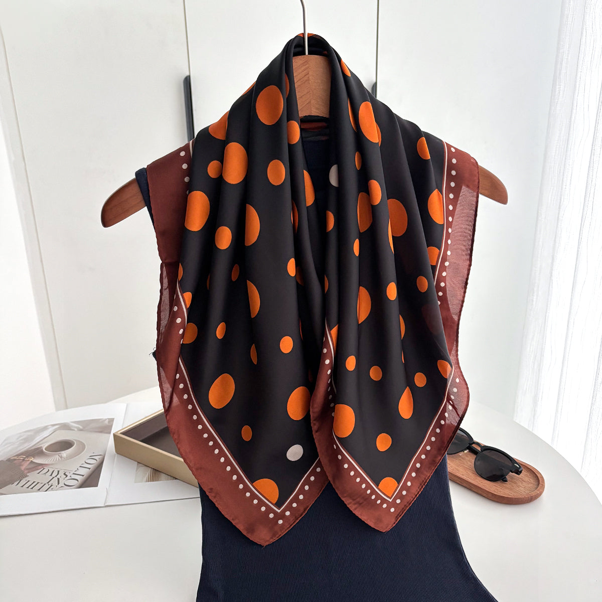 Black & Orange Polka Dot Silk-Feel Square Scarf