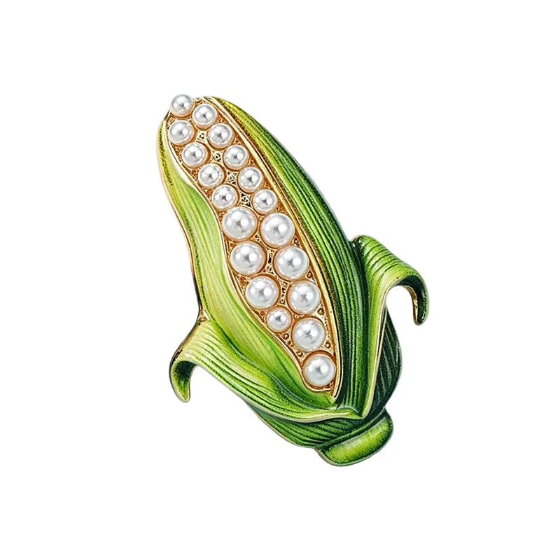 Pearl Corn Brooch – Green Enamel & Faux Pearl Novelty Pin