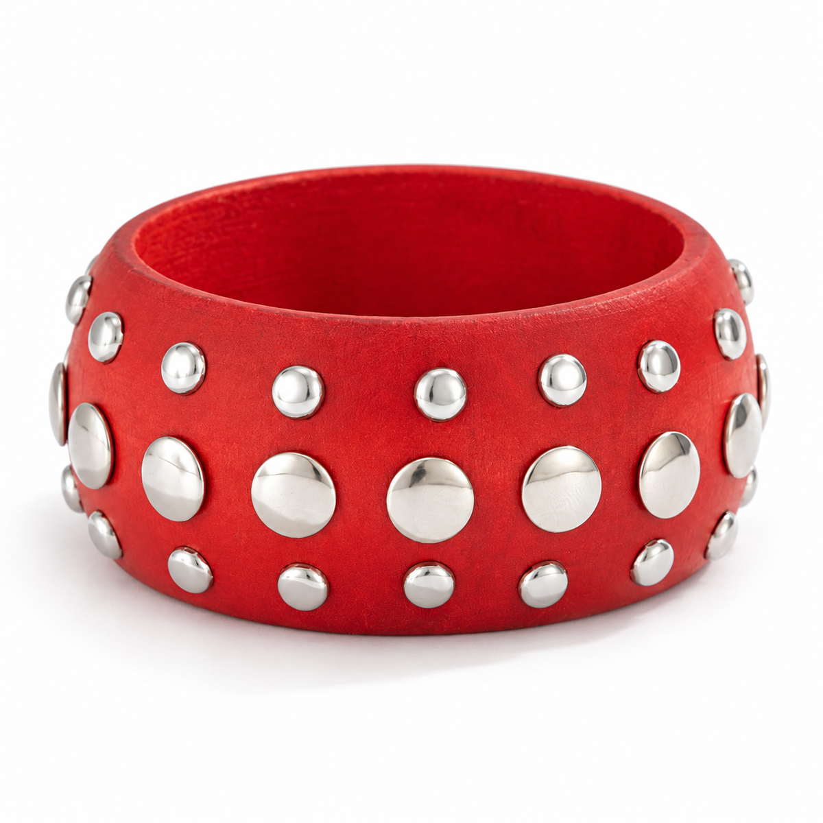 Red Wide Bangle Bracelet with Silver-Tone Studs