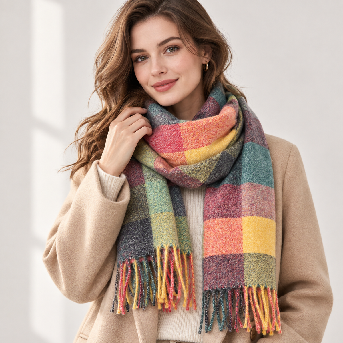 Rainbow Plaid Tassel Scarf – Colorblock Wrap Shawl